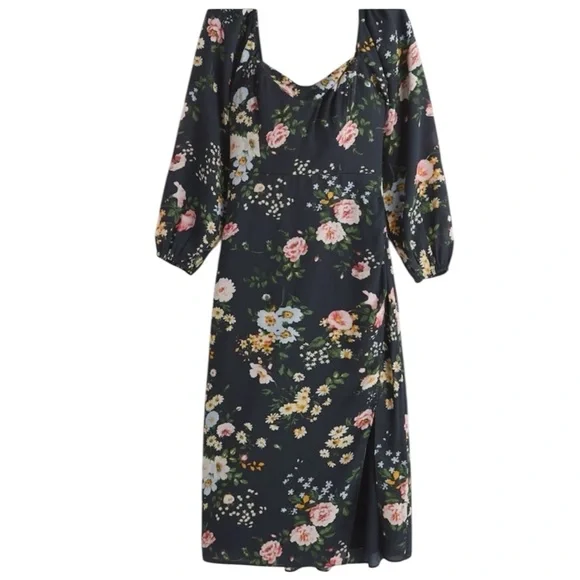 Abercrombie and Fitch Navy Floral Long Sleeve Draped Skirt Midi Dress Size M - Picture 6 of 9